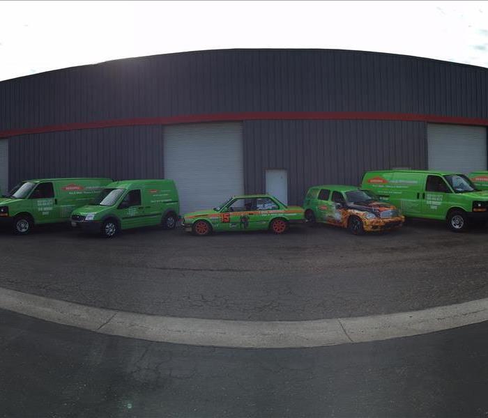 five green cars parked in front of a shop